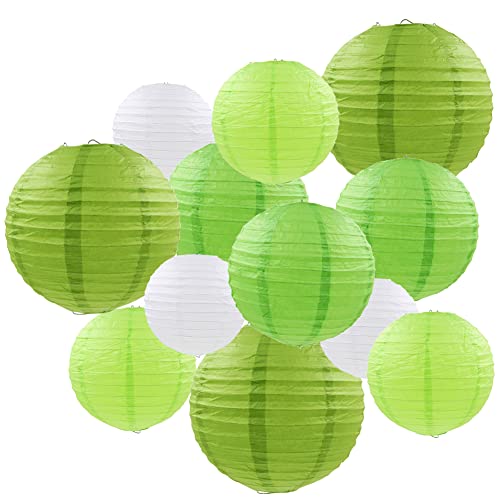 Green Paper Lanterns 12 Pcs Assorted Size of 6" 8" 10" 12" Chinese Round Paper Hanging Decorations Ball Lanterns Lamps for Home Decorations, Parties, and Weddings - color: Green