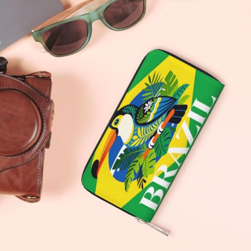 Brazil Toucan Green Background PU Leather Long Wallet for Women Men, Zipper Clutch Wallet RFID Card Holder Organizer - color: Brazil Toucan Green Background