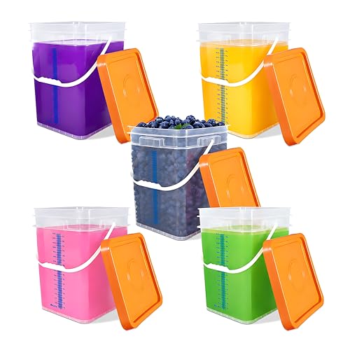 5 Pack 5 Gallon Square Plastic Bucket with Lids and Graduation Marks, Food Grade Clear Storage Containers for Kitchen & Industrial, BPA Free Heavy Duty Pail with Handle for Liquid, Paint, Grain - color: Clear, size: 5 gal