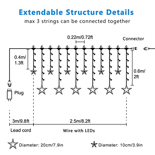 Blingstar Star Curtain Lights - 138 LED 12 Star Lights, 8.2ft Extendable, 8 Modes, Remote, Cool White - color: Cool White
