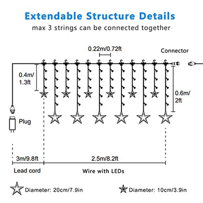 Blingstar Star Curtain Lights - 138 LED 12 Star Lights, 8.2ft Extendable, 8 Modes, Remote, Cool White - color: Cool White