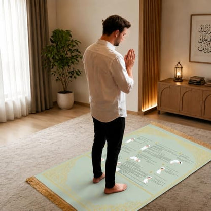 Muslim Prayer Rug: Complete Prayer Mat with Instructions, Takbir to Tasleem | Suede. Step-by-step muslim prayer rug with instructions. Home, travel, car, school. Great for beginners/kids/reverts. - color: Green