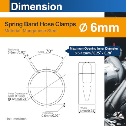 6mm (0.24") Spring Band Hose Clamps, 30 Pack Small Hose Clamps for 5.5-6.5mm OD Fuel Line, Garden Watering Tubes, Air Tubes & Vacuum Hose - size: 6mm