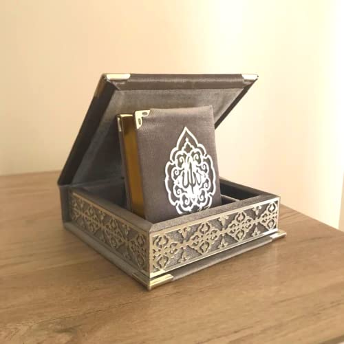 VOGUEHOMEDECOR Velvet Covered Quran Tasbeeh Islamic Gift Set | Holy Prayer Beads Wooden Box Birthday, Wedding Islam Graduation Muslim Favor Eid, Ramadan (Grey) Small Size / (6 x 6 in) Box-(3.8 4.85 - color: Grey