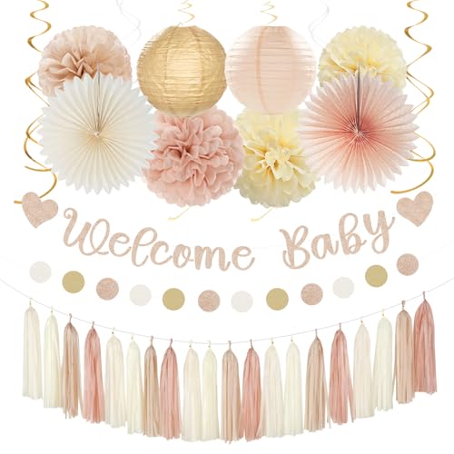 Champagne-Gold Beige Fall Baby-Shower Party-Decorations - 36pcs Welcome Home Banner Sign,Neutral Paper Lanterns,Girl Streamers Garland,Boho Hanging Tissue Pom Poms Flowers Fans Backdrop Decor Burgleda - color: Champagne Gold Beige Fall
