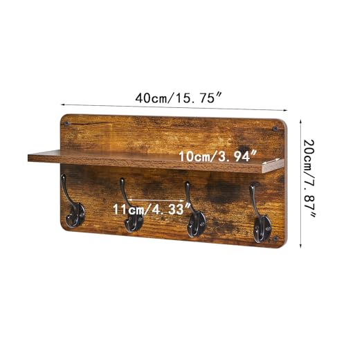 31.5" Coat Rack Wall Mount with Shelf and 8 Hooks, Rustic Brown, HWS006H-2 | 2 Pack Coat Hooks Key Holder Wall Mount, Wood Wall Mounted Coat Rack with Wall Hooks for Hanging, Towel Hooks for Bathroom - color: Rustic Brown