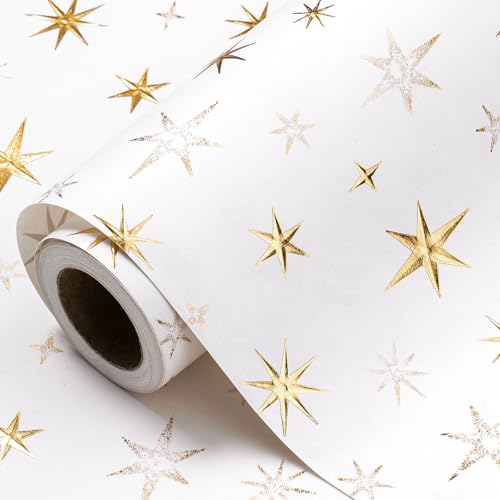 RUSPEPA Eid Wrapping Paper Roll, Mini Roll, White and Gold 3D Embossed Foil Star Design, White Kraft Gift Wrap Paper for Ramadan, Birthday, Wedding, Baby Shower, Holiday, 17 Inches x 16.4 Feet - color: White Gold Foil Star, size: 17 in x 16.4 ft