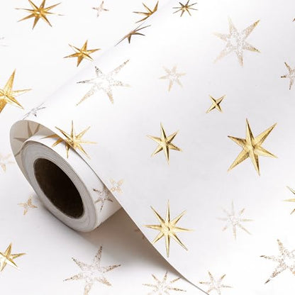 RUSPEPA Eid Wrapping Paper Roll, Mini Roll, White and Gold 3D Embossed Foil Star Design, White Kraft Gift Wrap Paper for Ramadan, Birthday, Wedding, Baby Shower, Holiday, 17 Inches x 16.4 Feet - color: White Gold Foil Star, size: 17 in x 16.4 ft