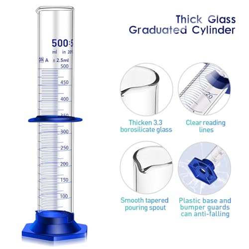 Thick Glass Graduated Cylinder Measuring Liquid Lab Cylinders with Anti-Falling Plastic Base and Bumper Guards and Glass Dropper (Glass, 500ML) - size: 500ML