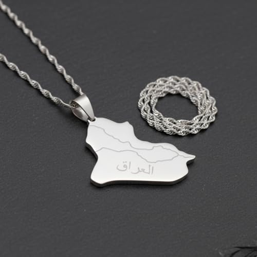 Iraq Map Flag Pendant Necklace for Women and Men – Stainless Steel Allah Name Iraq Map Pendant Necklaces - Meaningful Iraq Jewelry Gift - color: Silver 2