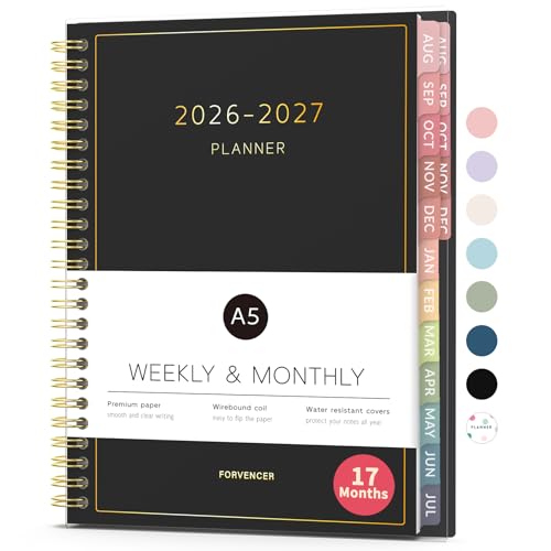 Aug 2026 - Dec 2027 Planner, Forvencer 17 Month Academic Planner 2026-2027, 6.3" x 8.4", Calendar Planner Weekly and Monthly, Daily Agenda Book, College School Supplies for Student Teacher, A5, Black - color: Black, size: 6.3" X 8.4"