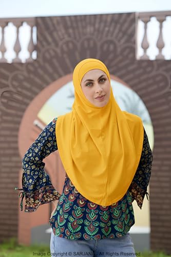 SARJANA Women's Solid Color Cotton Hijab with Under Scarf Cap Ready to Wear Stretch Scarves Long Scarfs FREE SIZE - color: Deep Yellow
