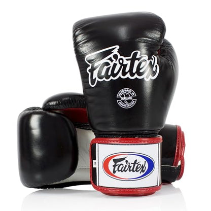 Fairtex SP5 Black Large Shin Guards + BGV1 16 oz Black/White/Red Glove Muay Thai Handwrap Black 180 inch