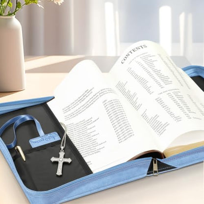 FINPAC Large Classic Bible Cover Vegan Leather Carrying Book Case Church Bag Bible Protective with Handle, Gift for Men, Women, Father, Mother, Light Blue - color: Light Blue