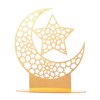 Gold Arabic Islamic Decor, Acrylic Star & Moon Table Centerpiece, Ramadan & Eid Decorative Signage, 9.1 X 7.9 in Mirror Ornament, Hollow-Carved Religious Decor for Home, Office