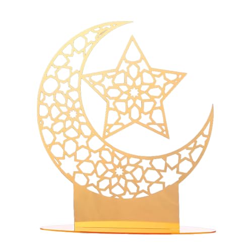 Gold Arabic Islamic Decor, Acrylic Star & Moon Table Centerpiece, Ramadan & Eid Decorative Signage, 9.1 X 7.9 in Mirror Ornament, Hollow-Carved Religious Decor for Home, Office