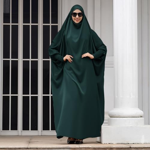 IDOPIP Muslim Abaya for Women One Piece Long Sleeve Islamic Prayer Dress with Hooded Hijab Maxi Kaftan Robe Modest Clothes - color: Blackish Green