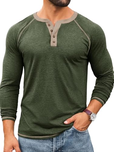 Yousify Mens Henley Shirts Long Sleeve Tops - color: Army Green, size: XX-Large