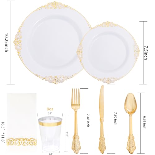 Nervure 350PCS Gold Plastic Dinnerware - White and Gold Disposable Plates for 50 Guests - 100 White Disposable Plates, 150 Plastic Silverware, 50 Cups, 50 Napkins for Wedding & Party & Graduation - color: Gold, style: 350Pcs(50Guests)