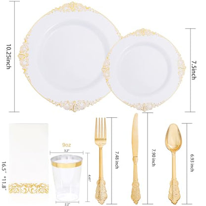 Nervure 350PCS Gold Plastic Dinnerware - White and Gold Disposable Plates for 50 Guests - 100 White Disposable Plates, 150 Plastic Silverware, 50 Cups, 50 Napkins for Wedding & Party & Graduation - color: Gold, style: 350Pcs(50Guests)