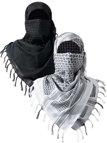 FREE SOLDIER Scarf Military Shemagh Tactical Desert Keffiyeh Head Neck Scarf Arab Wrap with Tassel for Men Women - color: White and Black