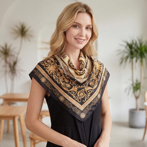 RIIQIICHY Head Scarf for Women Like Silk Satin Scarf for Hair Wrapping at Night Bandana Square Scarf for Sleeping 35 Inch - color: Black Gold Baroque