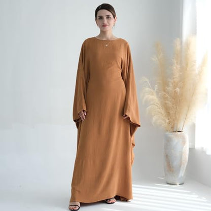 Women Muslim Abaya Dress 1Piece Bat Sleeve Islamic Maxi Robe Fashion Jilbab for Women Eid Kaftan Muslim Robe - color: Camela, size: Medium