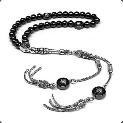 Design - Long & Stylist Tassels Worry Beads - Prayer Beads (8 mm-33 Beads) Tesbih-Tasbih-Tasbeeh-Misbaha-Subha-Sebha-Sibha-Rosary (Black Hematite - Silver Plated) - color: Black Hematite - Silver Plated