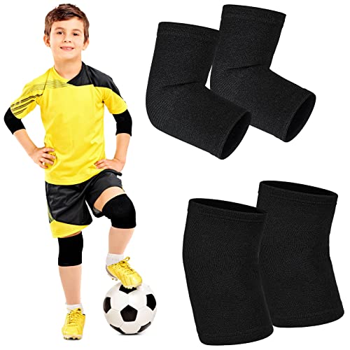 2 Pairs Kids Elbow Brace Knee Brace Tennis Compression Knit Knee Sleeves Arm Elbow Sleeve Elbow Support for Boys Girls Teen Basketball Sports Weight Lifting Volleyball Football Running, Medium, Black