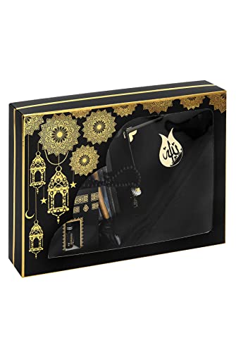 ihvan online Hajj와 Umrah, 무슬림 기도 러그, 이슬람 매트, 비즈 테스비, 야센 북, 미스왁, 이슬람 쿠피 모자, 라마단 및 이드 선물용 이슬람 디럭스 세트, 블랙/세트 3 - color: 블랙 / 세트 3