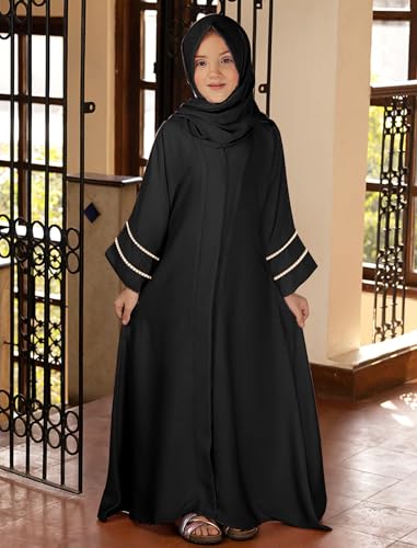 IDOPIP Muslim Dress for Girls Islamic Prayer Abaya Long Sleeve Cardigan Kaftan Robe Dresses with Hijab Ramadan Dubai Outfits - color: Black, size: 5-6 Years