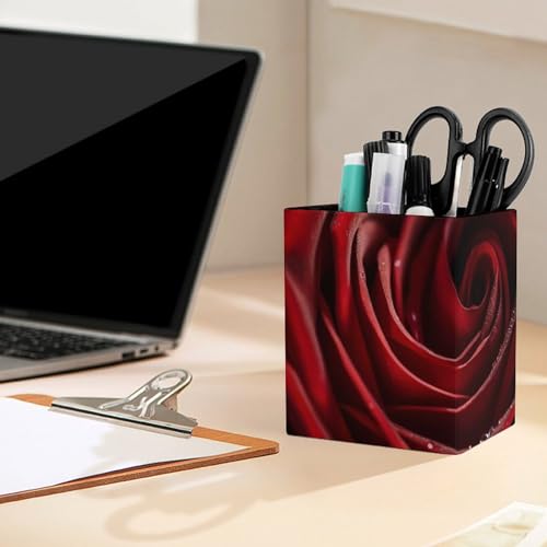 Pen Holder Leather Pencil Holder for Desk Close-Up Photo of Red Rose Desktop Stationery Pen Cup Desk Accessories Holder Makeup Brush Storage Organizer for Work Home Art Supply 3.9" X 3.1" - color: Close-Up Photo of Red Rose