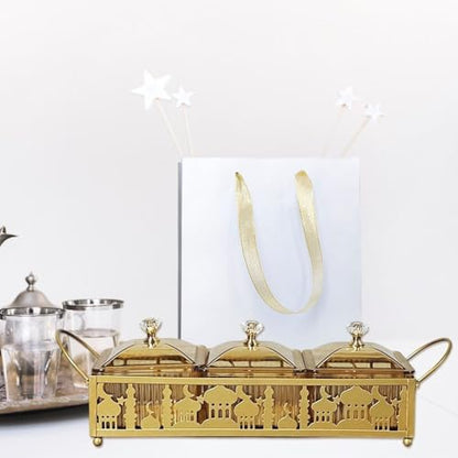 Ramadan Trays with Lid Metal Gold Eid Mubarak Serving Tray Ramadan Decorations Eid Party Food Storage Container for Cookie Candy Pastry Dessert - size: Large