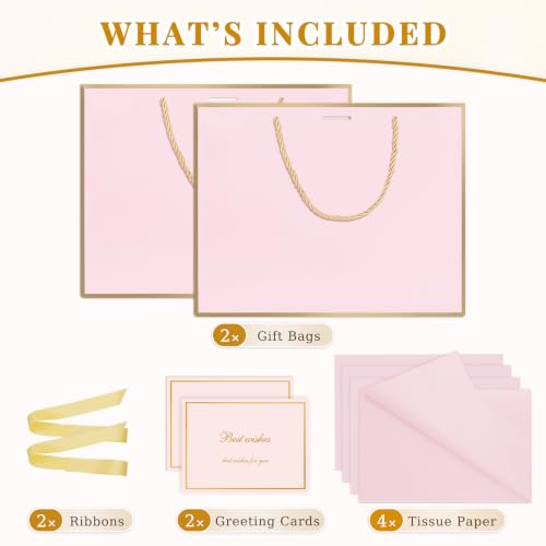 ANZNKU 2PCS Gift Bags for Women 12.6" Medium Pink Gift Bags with Handles 4 Tissue Paper 2 Ribbons 2 Cards, Cute Bag for Gifts Wedding Favors Birthday Engagement Bridal Baby Shower Party Presents - color: Soft Pink