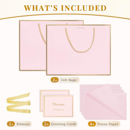 ANZNKU 2PCS Gift Bags for Women 12.6" Medium Pink Gift Bags with Handles 4 Tissue Paper 2 Ribbons 2 Cards, Cute Bag for Gifts Wedding Favors Birthday Engagement Bridal Baby Shower Party Presents - color: Soft Pink
