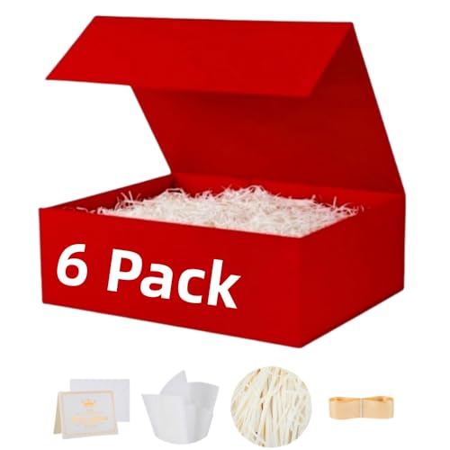 UoeRing 6 Pcs Red Gift Box Large 11.5x8x4 Inch with Magnetic Lid | Collapsible Luxury Present Box,for Birthday,Christmas Holiday Gift Includes Card,Ribbon,Tissue Paper & Shredded Filler - color: 13.5x11.8x4.7 Inch-Red-Pack of 6