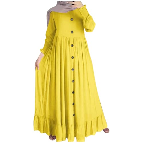 Abaya Ladies Muslim Dress Long Sleeve Maxi Islamic Kaftan Dubai Robe Modest Ramadan Eid Belted Solid Color A9 - color: Yellow, size: Medium