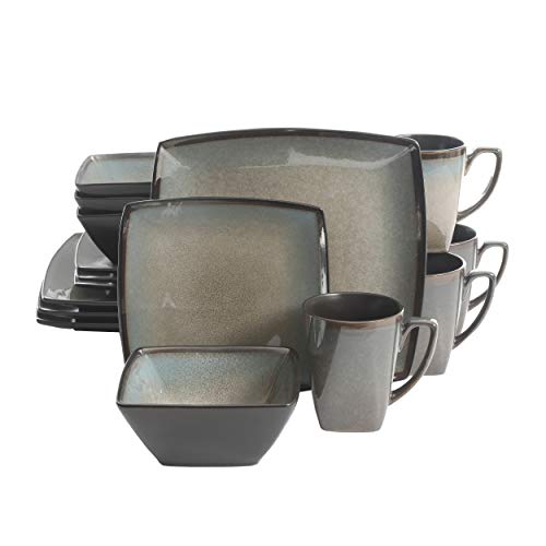 Gibson Elite Tequesta Square Reactive Glaze Stoneware Plates and Bowls Dishes Dinnerware Set, Service for 4 (16pcs), Taupe - color: Taupe, size: Service for Four (16 pcs)