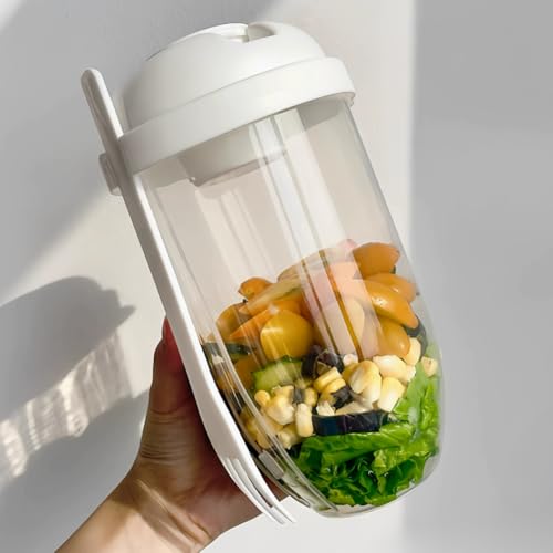 1 Pack Salad Cup with Lid and Fork Fresh Salad Dressing Cup Container for Lunch, Keep Healthy Food Dressing Cup for Portable Breakfast Meal Vegetables and Fruits（White） - color: White