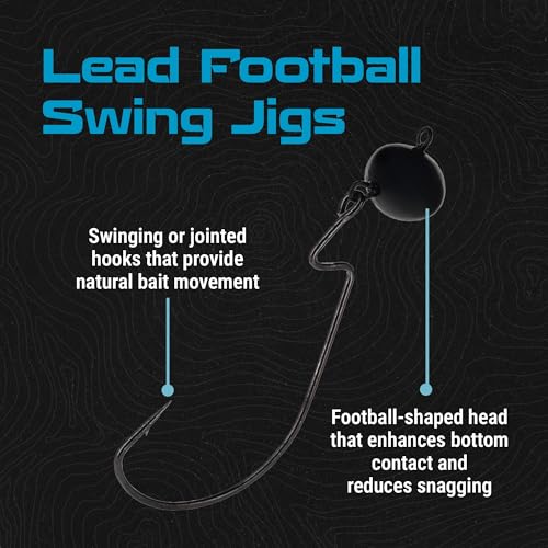 Reaction Tackle Football Swing Jig, Free-Swinging Hook with Football Head for Bass Fishing, Deep Water and Rocky Terrain (5-Pack) - color: Black, size: 3/8 Oz