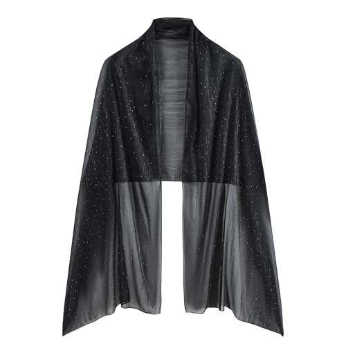 OurLore Chiffon Shawls Wraps for Women Sheer Glitter Scarf Sparkly Rhinestones Shoulder Sarong Cover Up Hijab for Wedding - color: Black