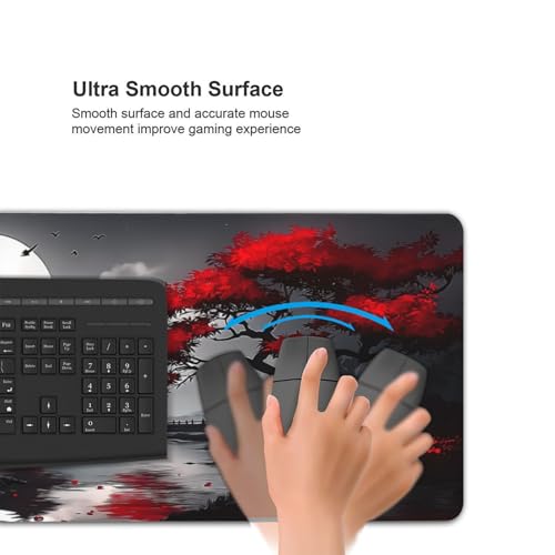 XXL Gaming Mouse Pad 35.4x15.7 Inch, Large Extended Desk Mat | Oriental Landscape Moon Design, Non-Slip Rubber Base, Water-Resistant Surface and Stitched Edges for Gaming, Office & Home - color: Oriental Landscape Moon