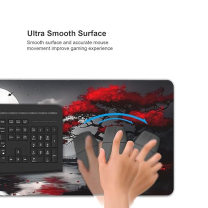 XXL Gaming Mouse Pad 35.4x15.7 Inch, Large Extended Desk Mat | Oriental Landscape Moon Design, Non-Slip Rubber Base, Water-Resistant Surface and Stitched Edges for Gaming, Office & Home - color: Oriental Landscape Moon