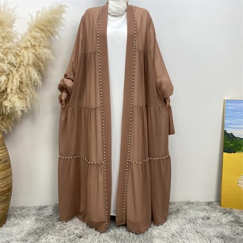 Abayas For Women Muslim Ramadan Long Sleeve Open Front Imitation Pearls Tiered Chiffon Dress Cardigan with Belt Dubai Kaftan - color: Brown, size: Medium