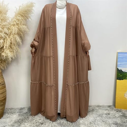 Abayas For Women Muslim Ramadan Long Sleeve Open Front Imitation Pearls Tiered Chiffon Dress Cardigan with Belt Dubai Kaftan - color: Brown, size: X-Large