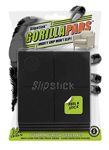 Slipstick GorillaPads Non Slip Furniture Pads/Gripper Feet Floor Protectors (Set of 16) Premium 2 Inch Square Self Adhesive Rubber Pads for Furniture Legs, Black, CB153-16 - size: 2" Square x 16