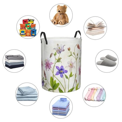 Aquilegia Columbine Summer Flowers Still Life Graphic Flower Pastel Round Waterproof Oxford Cloth Laundry Basket Multi-Purpose Storage Basket Toys Books Clothes Storage Basket - color: Black 6