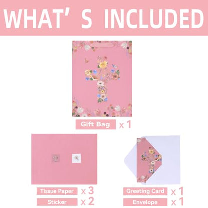 13" Large Floral Religious Gift Bag Set with Handles, Greeting Card, Tissue Papers and Stickers for Women Girls, for First Communions, Baby Girl Baptisms, Christenings, Religious Occasion, Clergy Day, Cross Design, 1 Pcs - color: (13'' Large)Pink