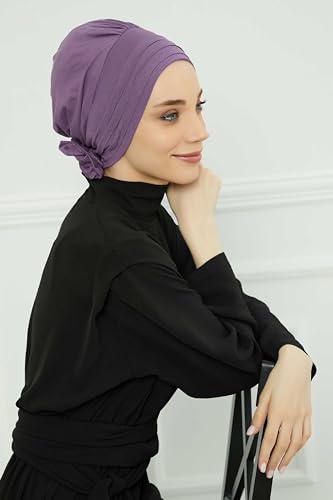 Aisha's Design Instant Turban Head Wraps for Women, Combed Cotton Scarf Lightweight Pre tied Hijab with Back Rose Detail - color: Purple
