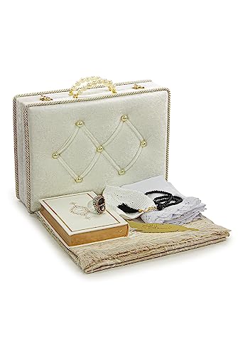 ihvan online Muslim Prayer Rug Set, Islamic Dowry Gift Box for Men & Women, Shawl, Kufi Hat, Digital Beads Counter, Quran Gift, Elegant Islamic Gifts Set for Ramadan & Eid & Wedding, White - color: White